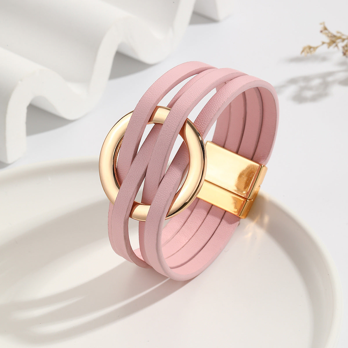 Wholesale Metal Leather Cross Women's Large Hoop Cuff Multi-layer Wristband Magnetic Clasp Bracelet